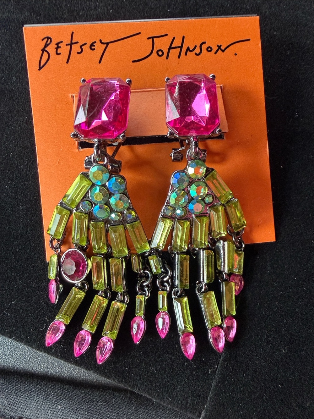 Betsey Johnson Halloween, witch hand green pink rhinestone dangle Earrings